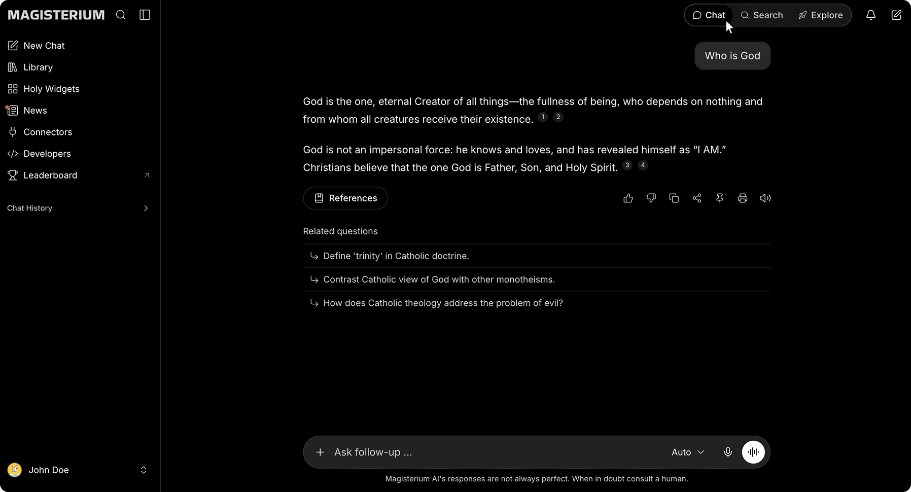 Magisterium AI Размова mode interface