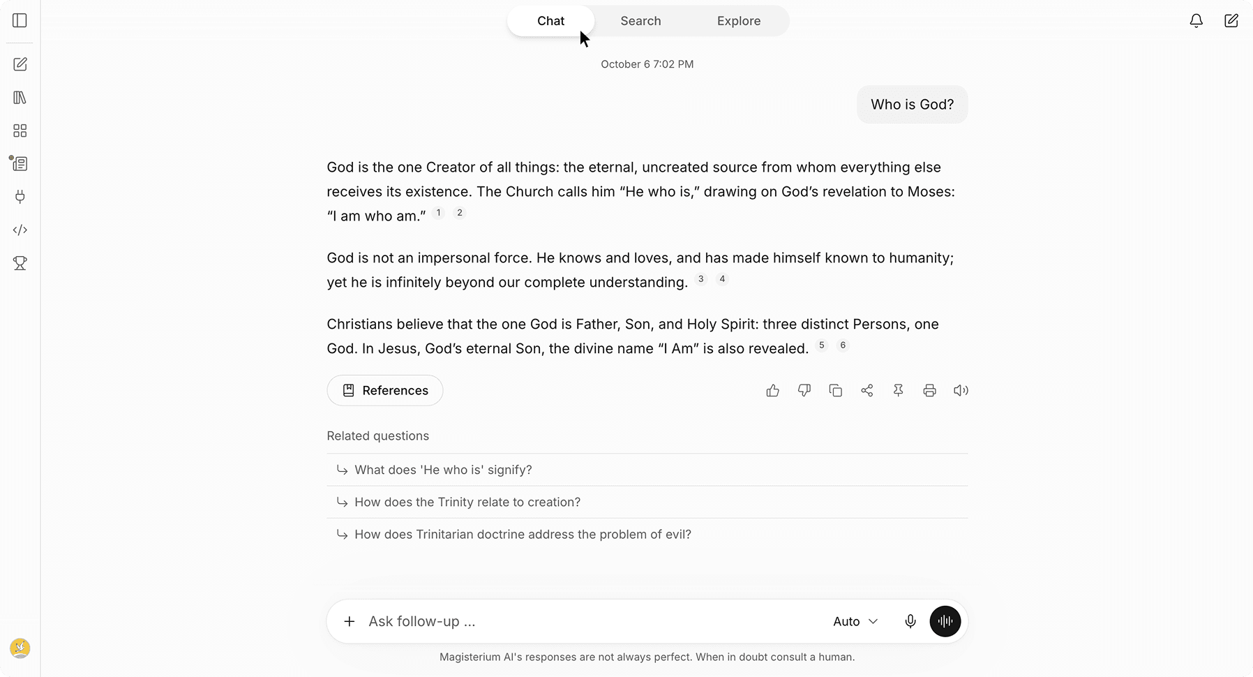 Magisterium AI Chat mode interface