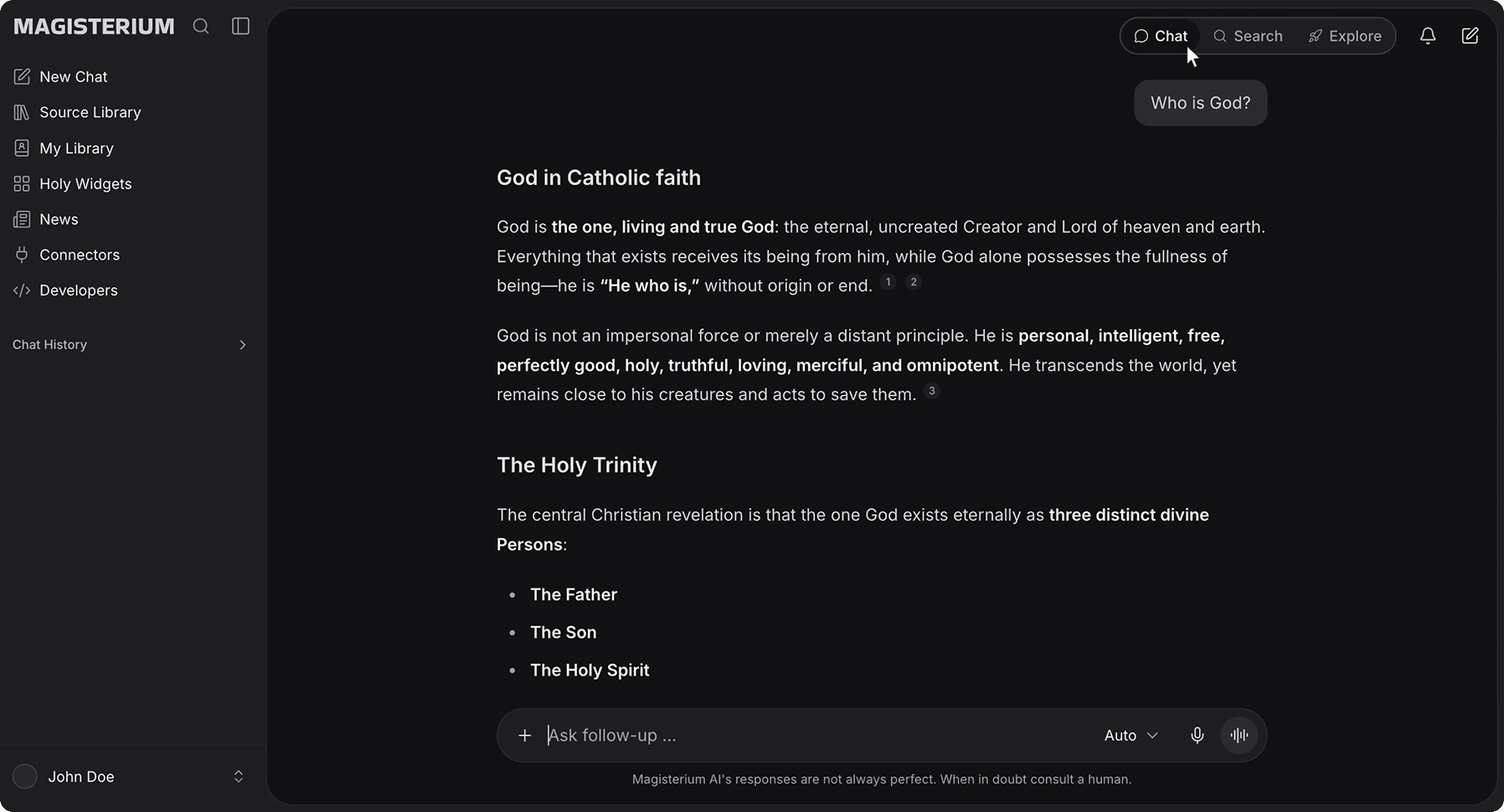 Magisterium AI Chat mode interface
