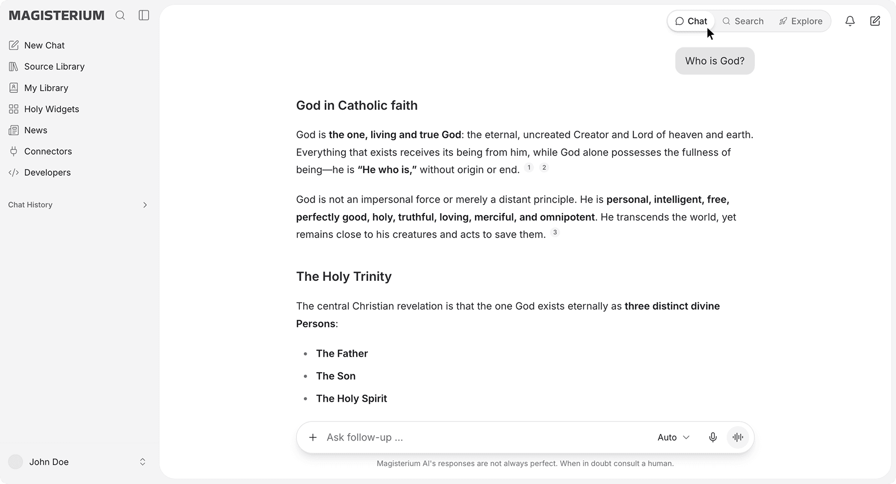 Magisterium AI Chat mode interface