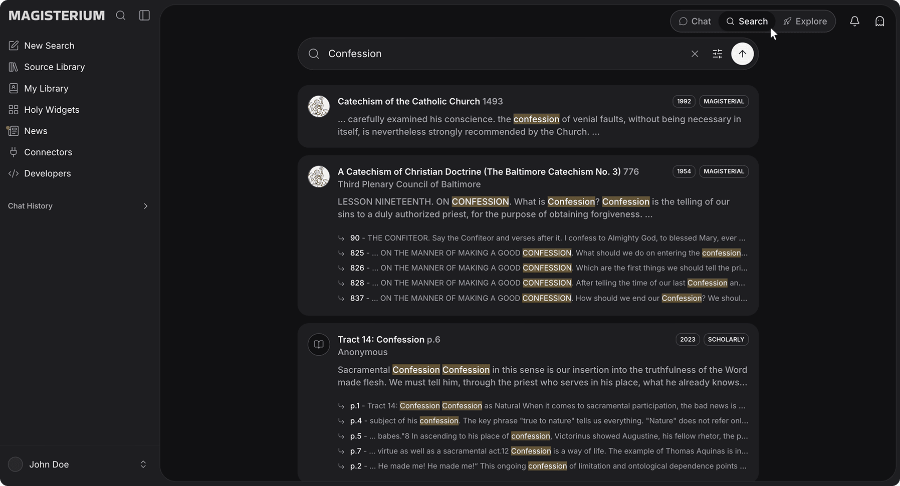 Magisterium AI Search mode interface