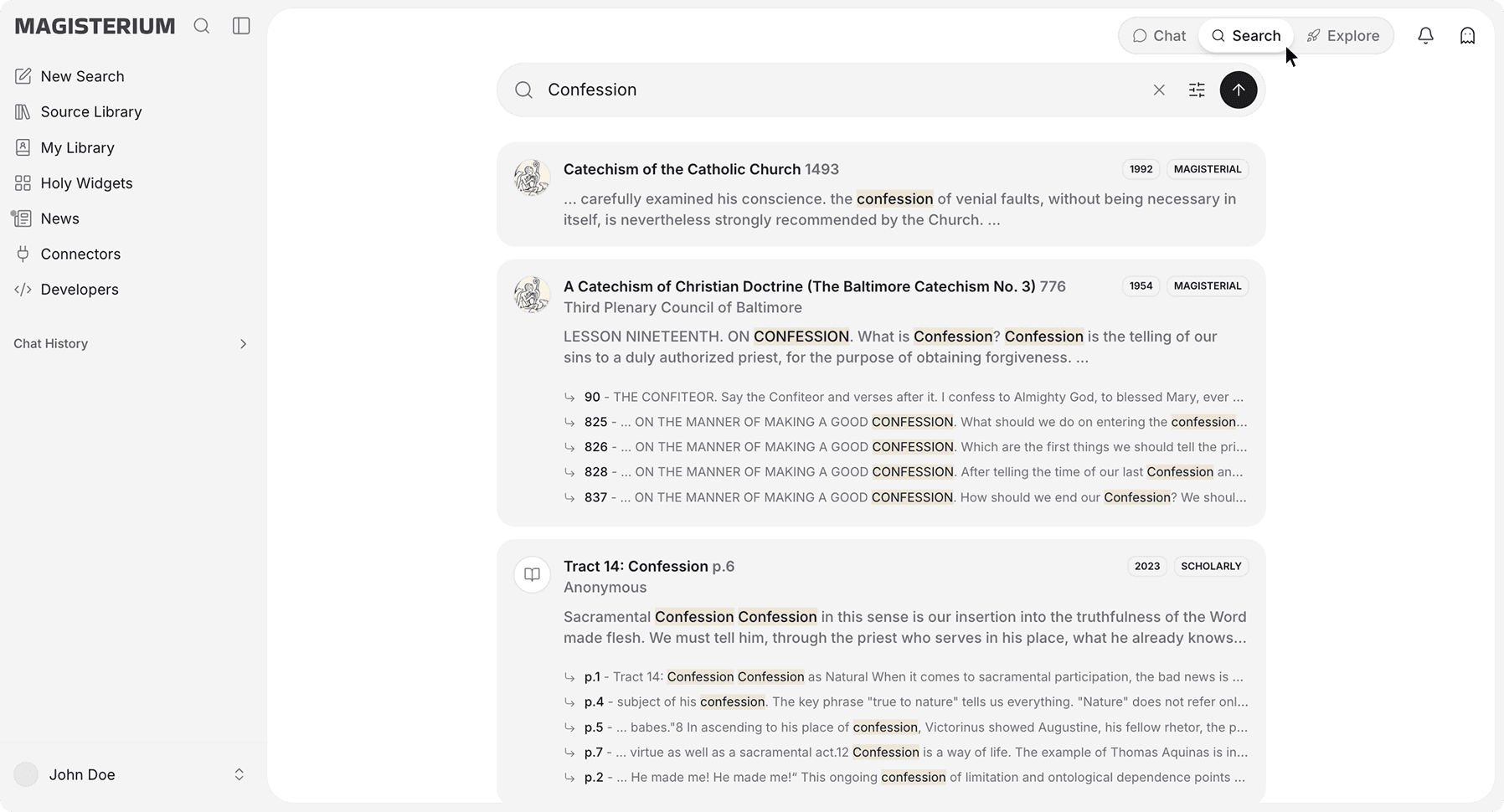 Magisterium AI Search mode interface